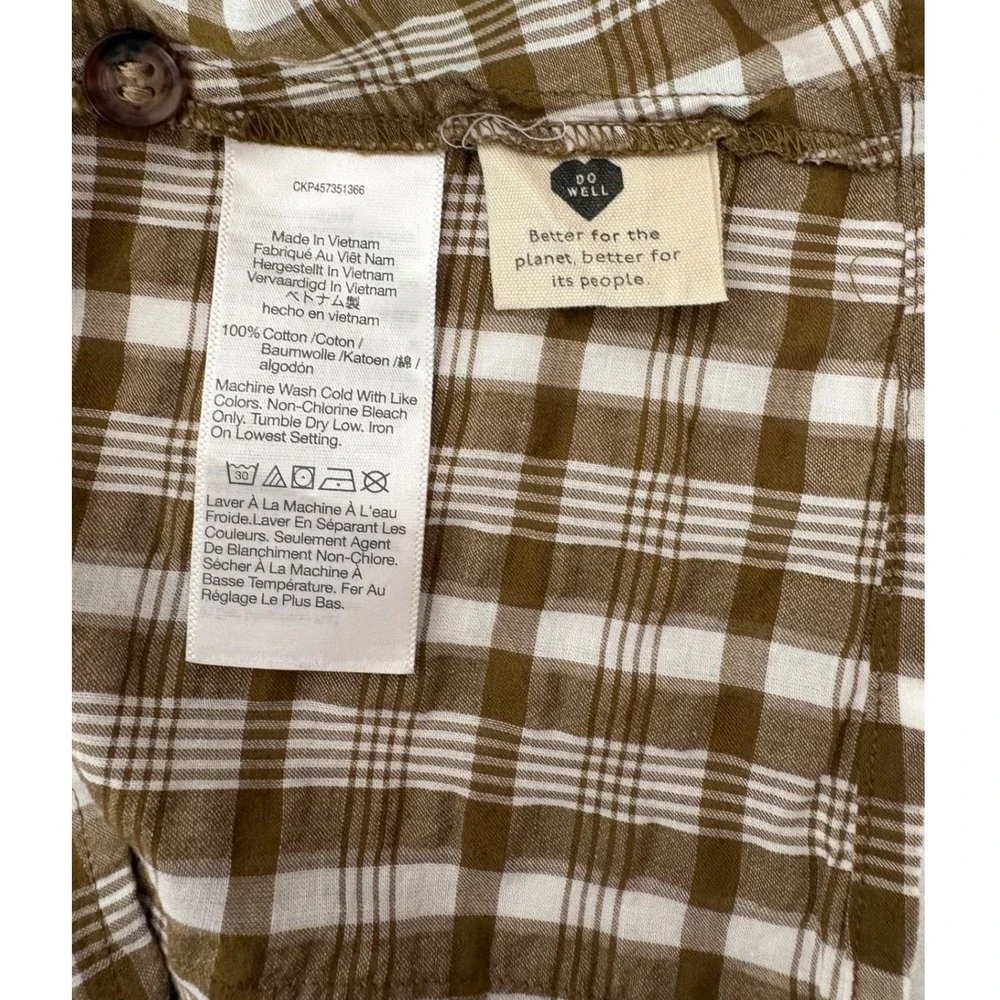 Madewell Plaid Puff Sleeve V Neck Button Front‎ Blouse Top Size 4 Brown White